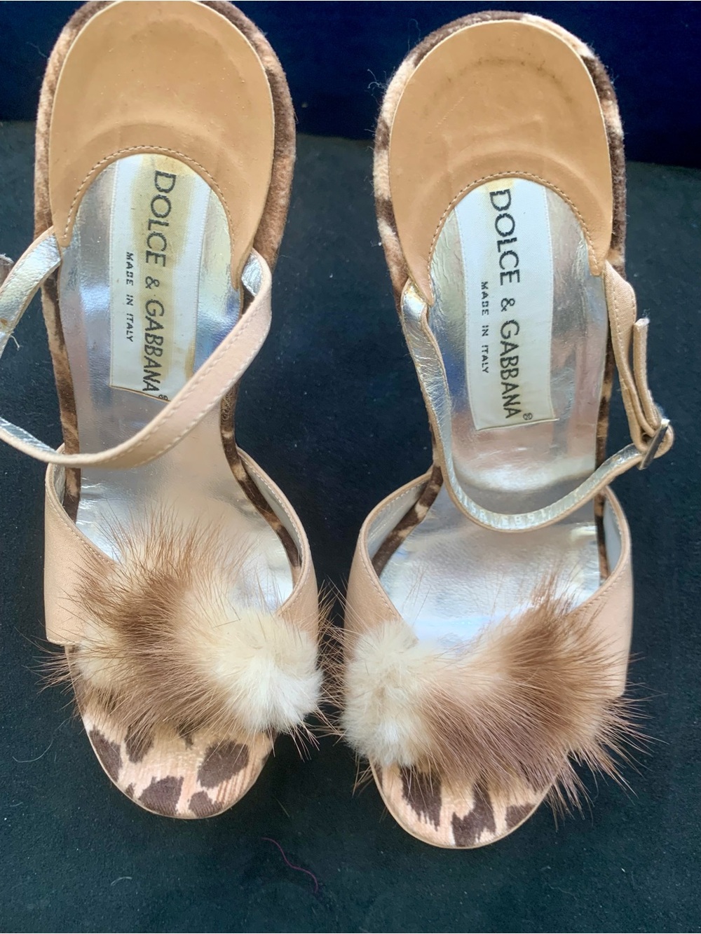 Vintage Dolce & Gabvana leather with fur animal print Sandals.